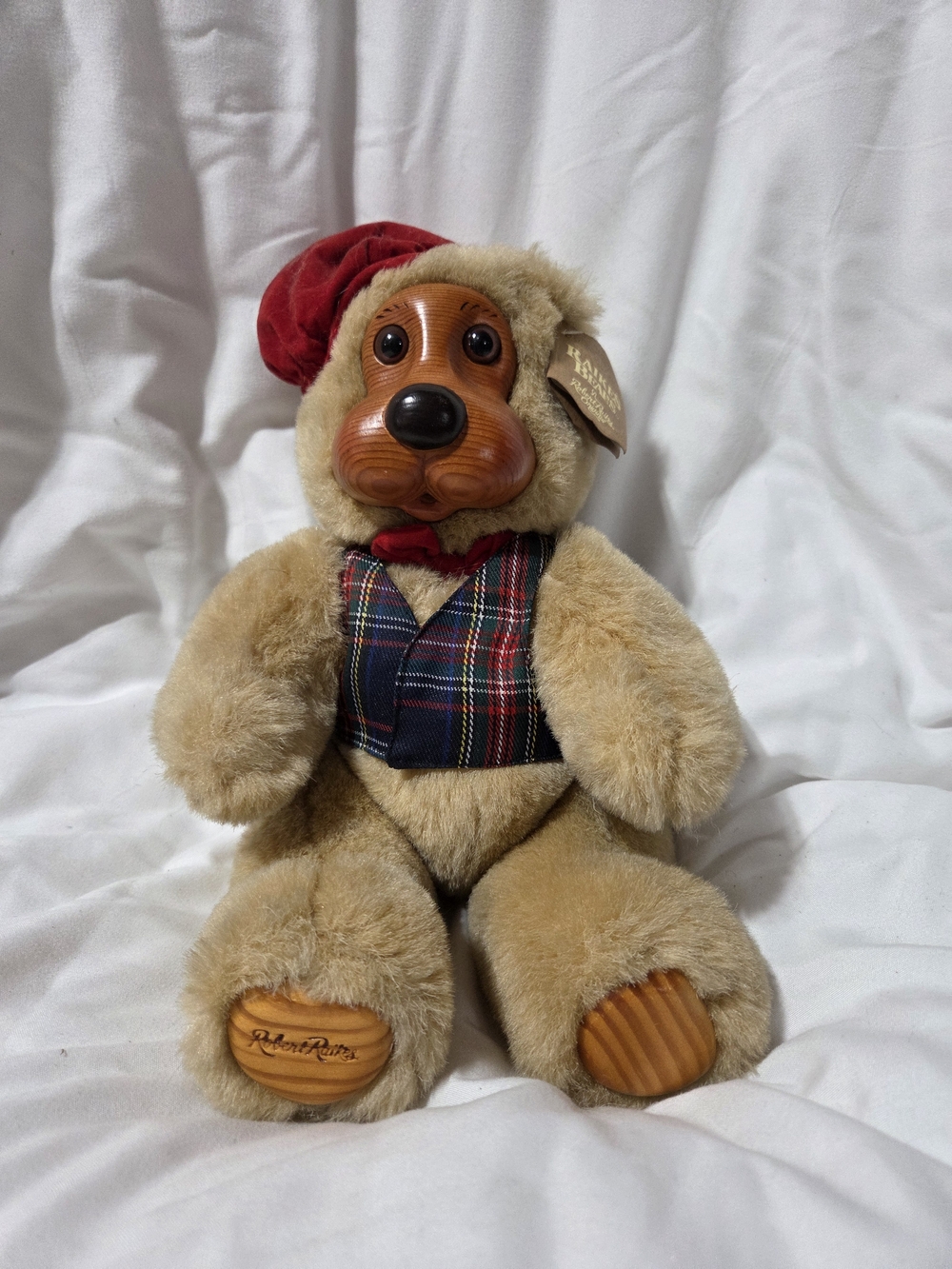Plush Tan Dog with Red Hat and Tartan Vest - Picture 7 of 7
